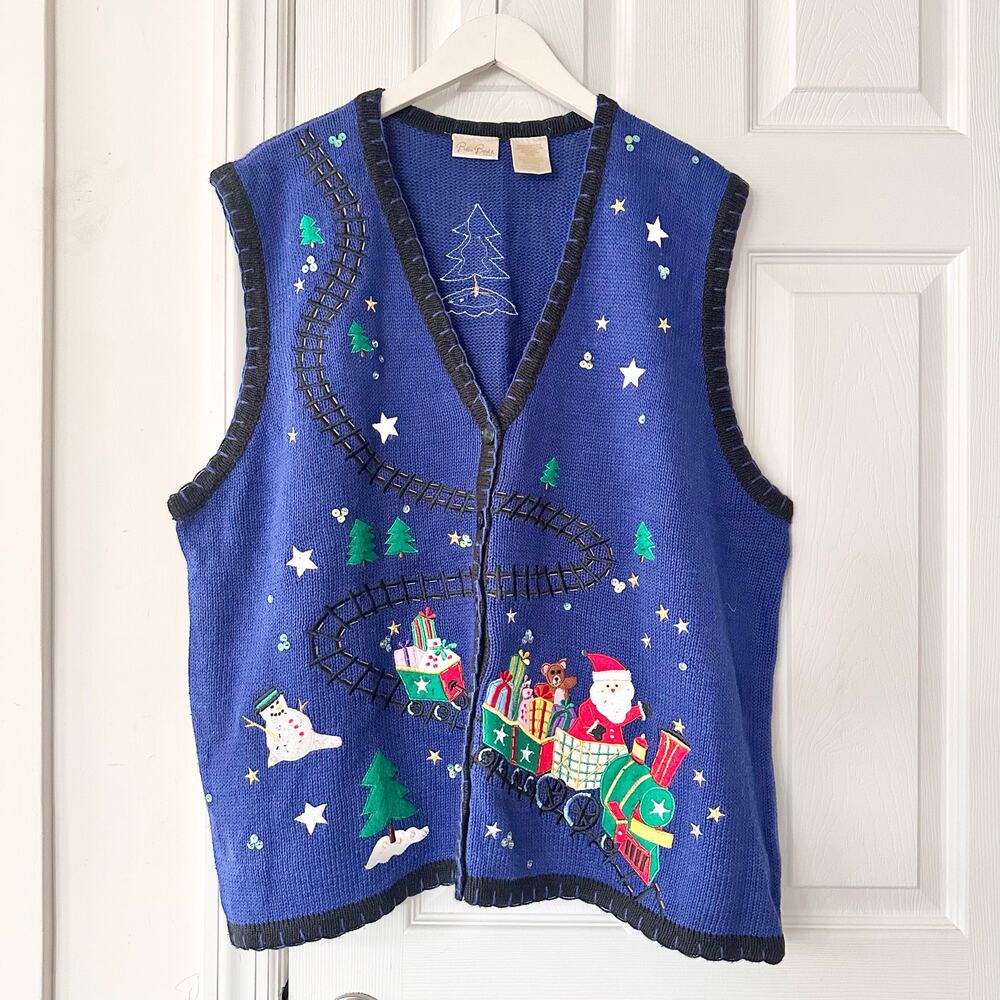 Bobbie Brooks Blue Black Trim Christmas Santa train Holiday Sweater Vest 22W/24W